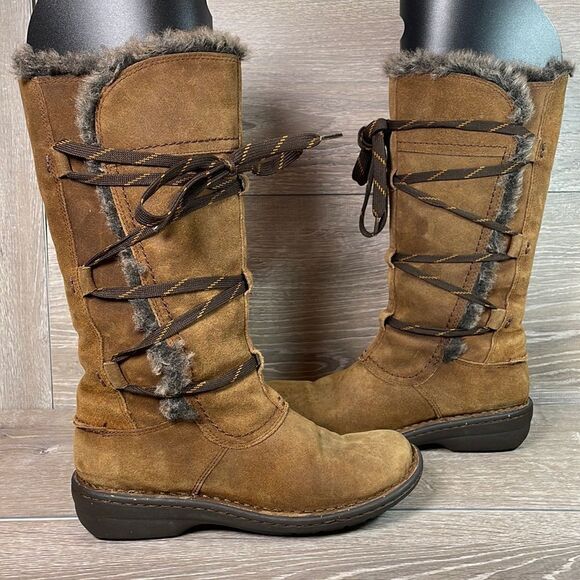Clarks Avington Hayes Warm Tan Suede Women’s Sz 6.5M Tall Lace Up Faux Fur Boots - Picture 1 of 12